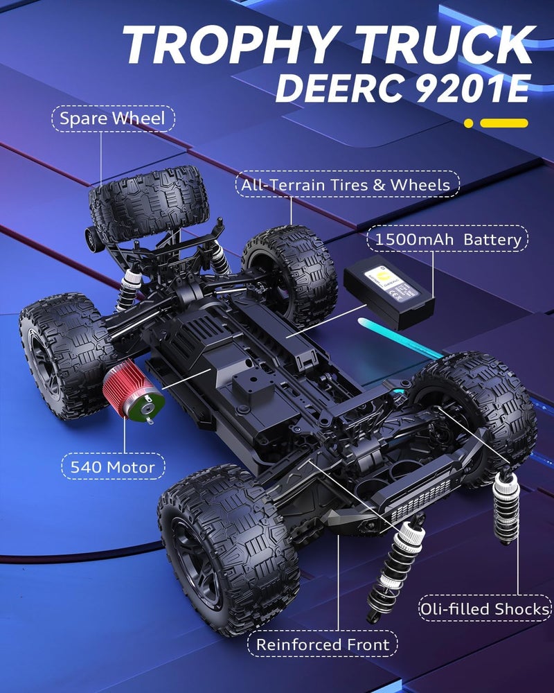 DEERC 9201E 1:10 Large Remote Control Truck with Lights, Fast Short Course RC Car, 48 km/h 4x4 Off-Road Hobby Grade Toy Monster Crawler Electric Vehicle with 2 Rechargeable Batteries for Adult Kid Boy - Image 3